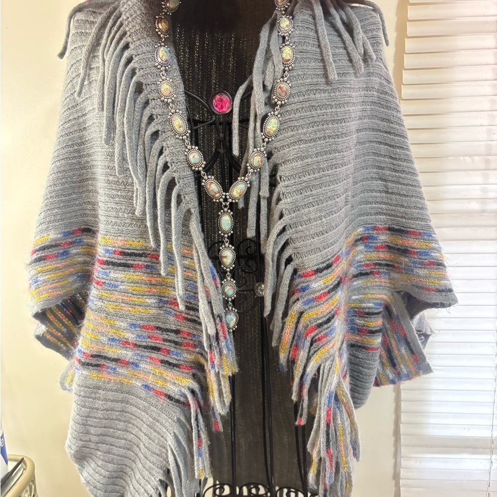 SHEIN Gray Multicolor Fringed boho Poncho